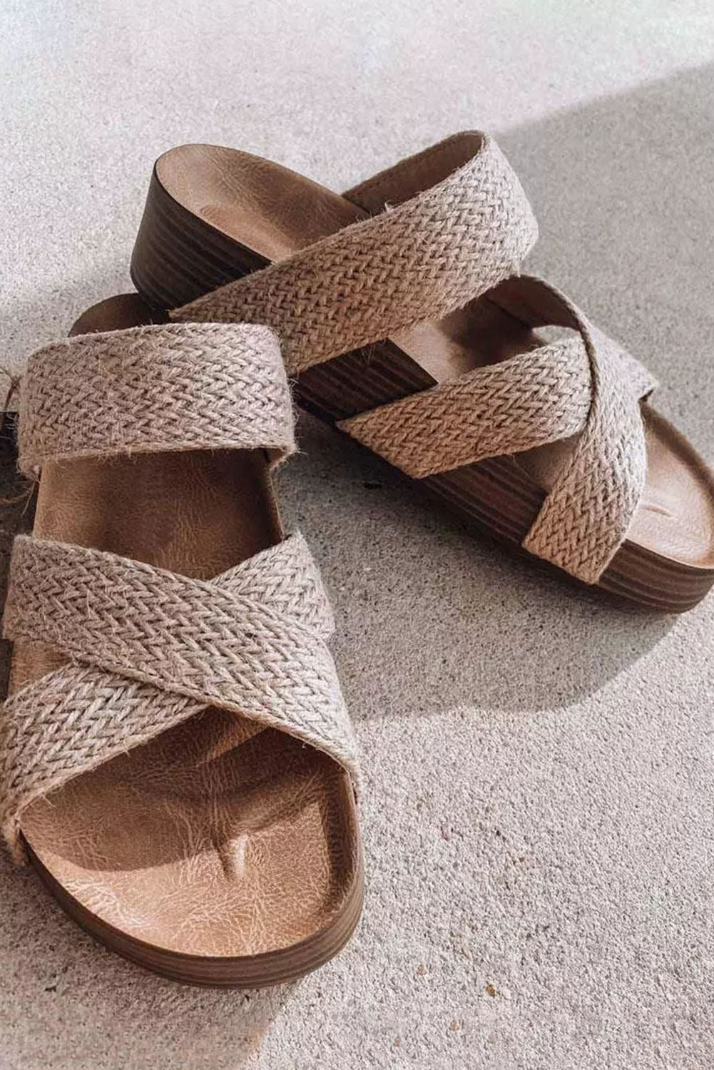 Beige Linen Woven Cross Criss Hollowed Slip-On Slippers