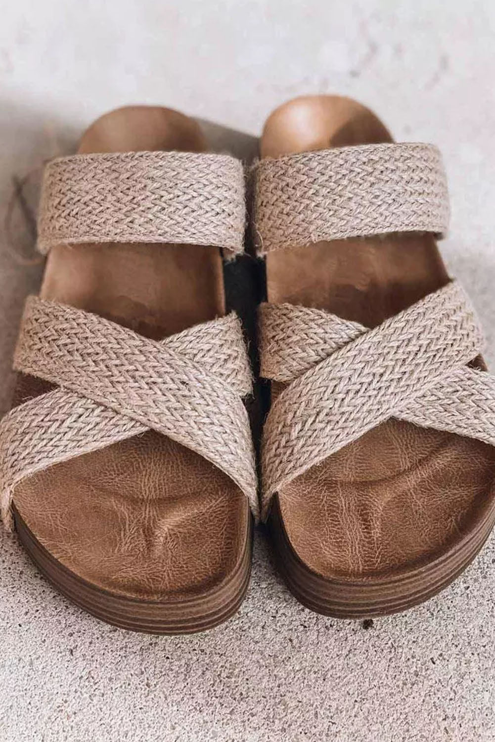 Beige Linen Woven Cross Criss Hollowed Slip-On Slippers