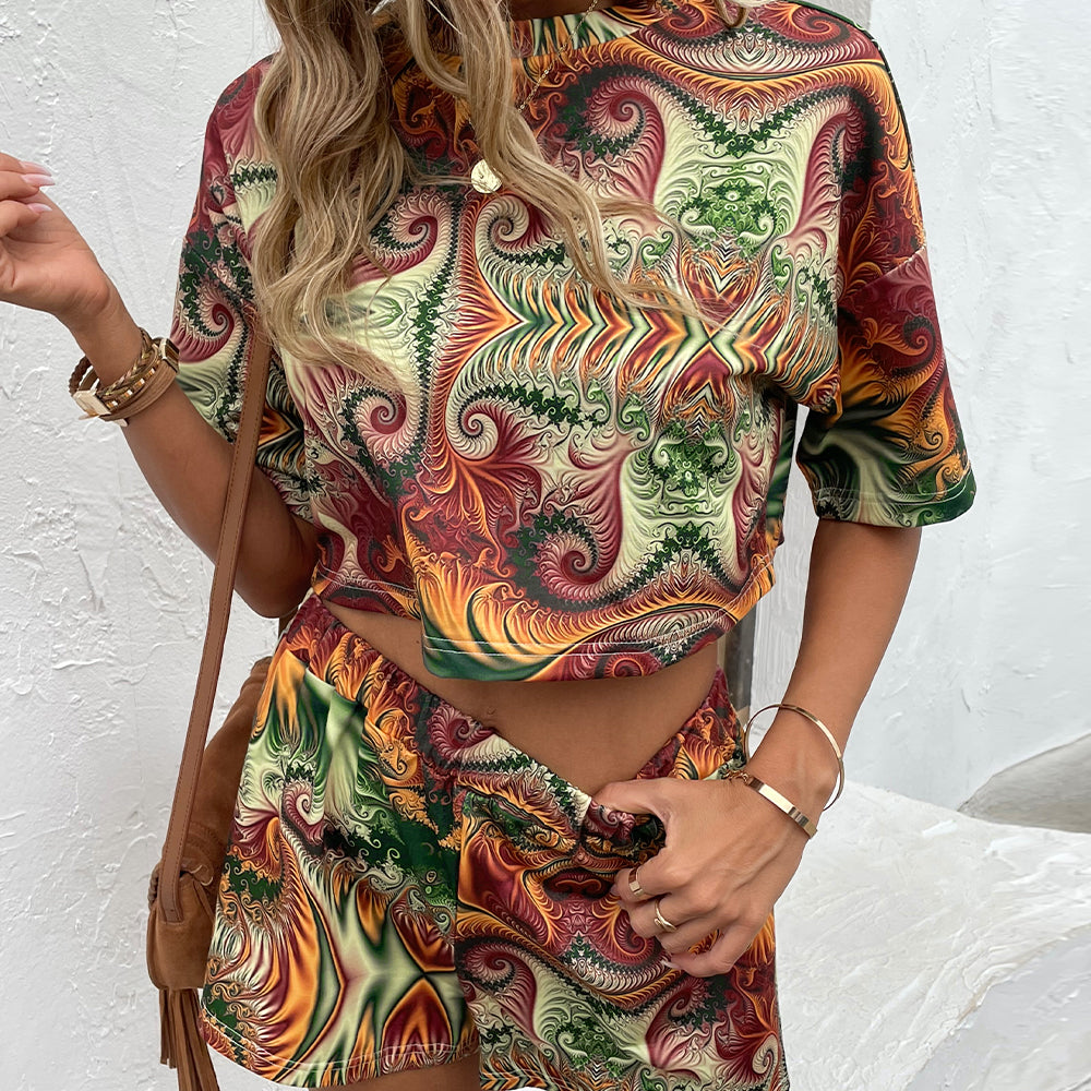 Printed Round Neck Dropped Shoulder Half Sleeve Top and Shorts Set