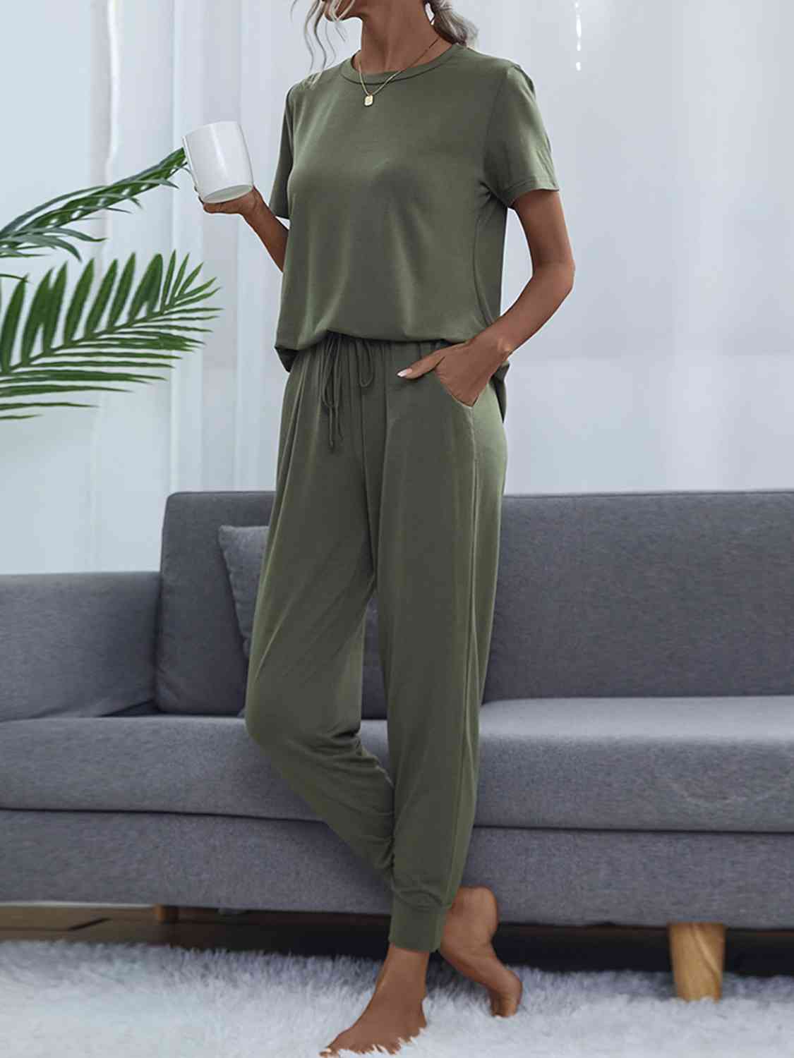 Round Neck Short Sleeve Top and Pants Set