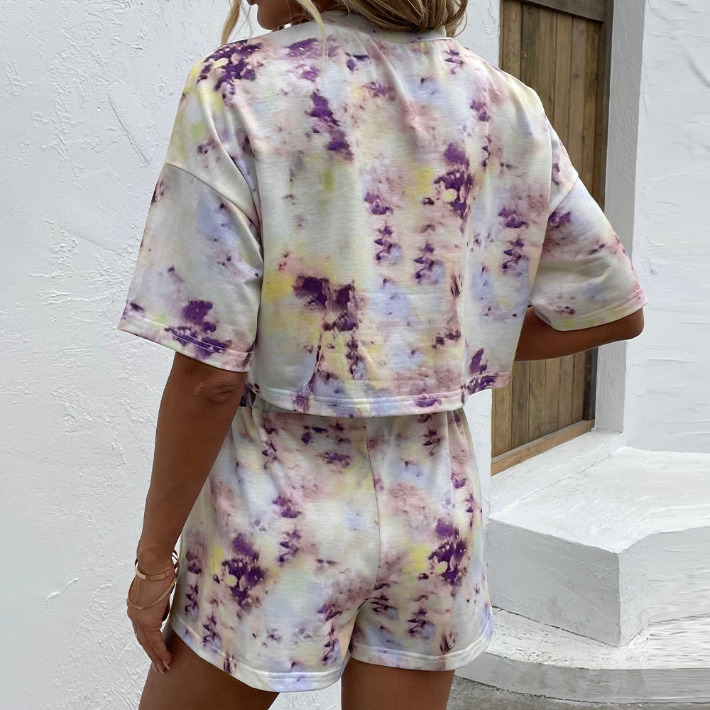 Round Neck Dropped Shoulder Half Sleeve Tie Dye Top and Shorts Set