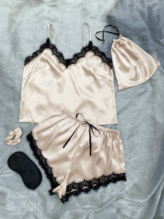 Lace Trim Cami, Shorts, Eye Mask, Scrunchie, and Bag Pajama Set