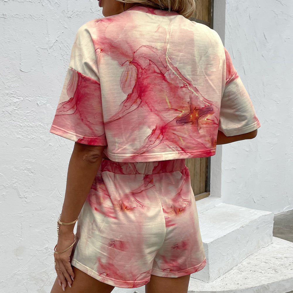 Printed Round Neck Dropped Shoulder Half Sleeve Top and Shorts Set